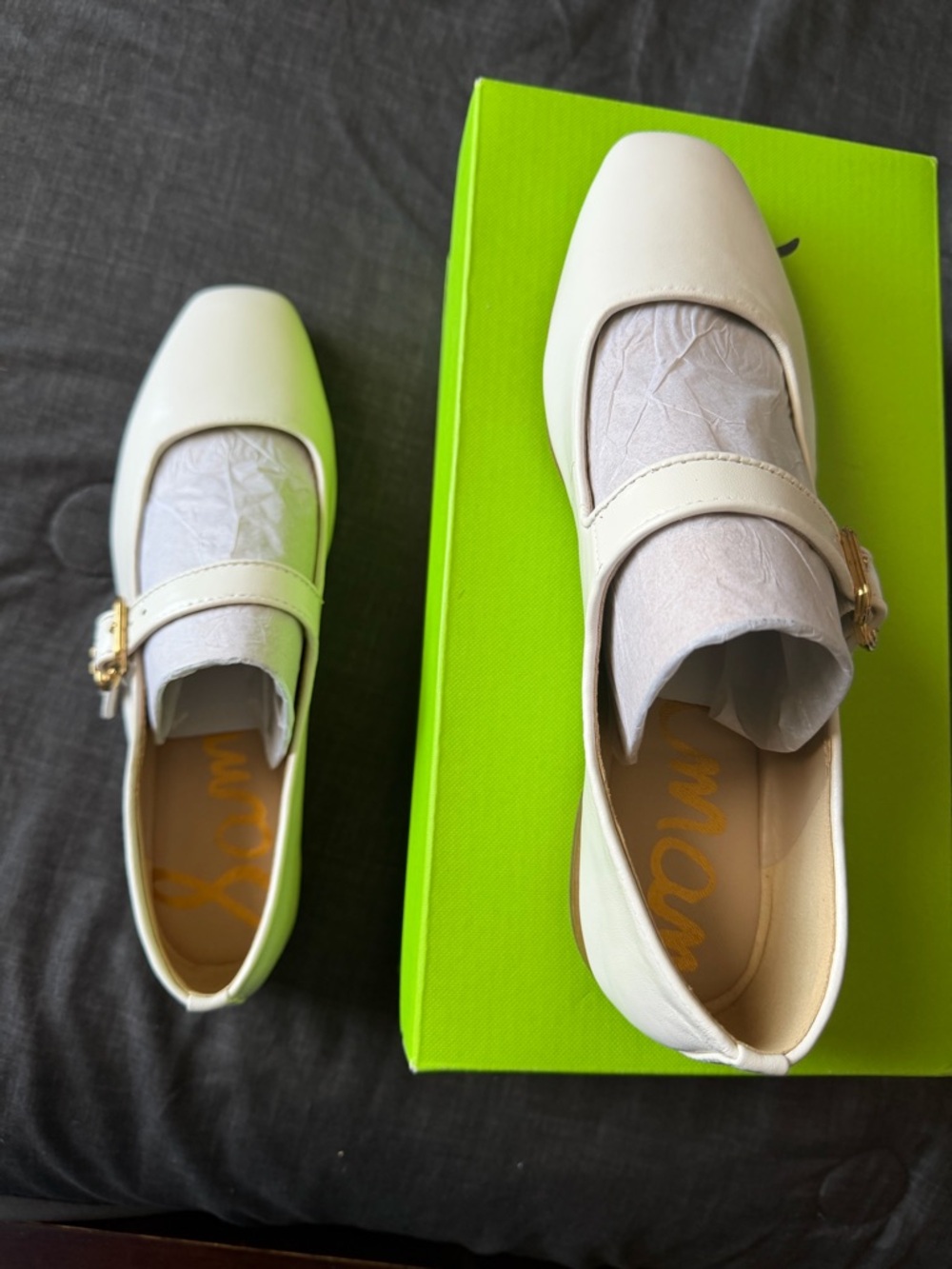Sam Edelman Cream Mary Jane Flats with Gold Buckle